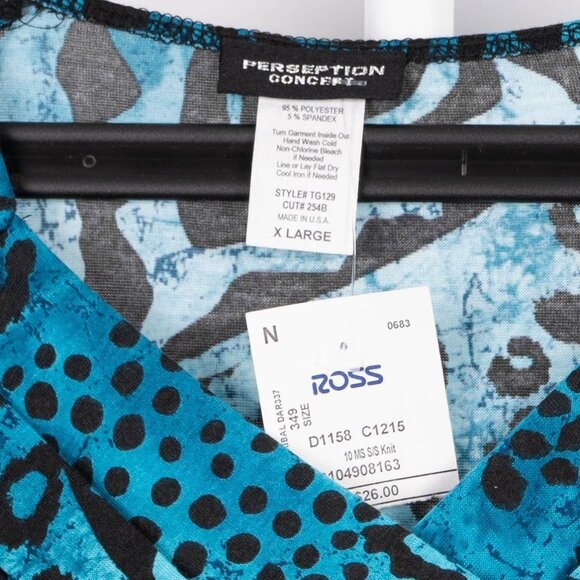 Perceptions Concept Blouse XL Womens NEW Blue Black Abstract Print Short Sleeve - Picture 4 of 5